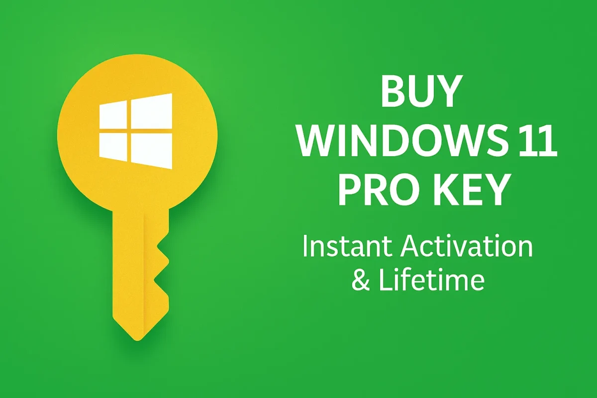 Golden Windows key icon on a green gradient background with bold text “BUY WINDOWS 11 PRO KEY – Instant Activation & Lifetime.”
