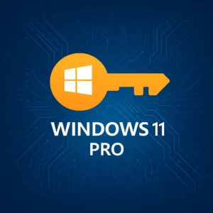  Golden key with the Windows logo overlayed on a blue circuit-pattern background, with the text “WINDOWS 11 PRO” beneath.